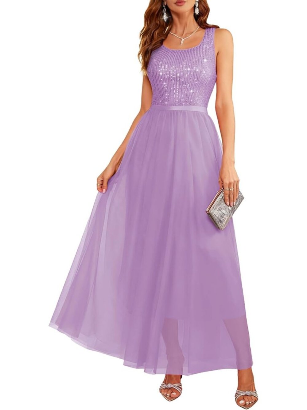 Women's Long Lavender A LINE Sequin Silhouette Shimmer Mesh Cocktail Maxi Dress